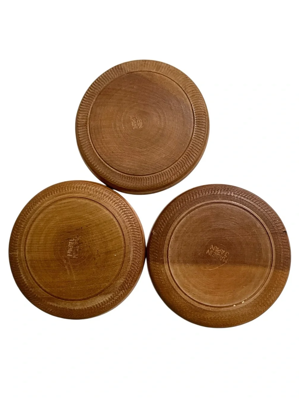 Vintage Japanese Wood Coaster Set w/ Box Hand Carved Painted Mid Century Japan